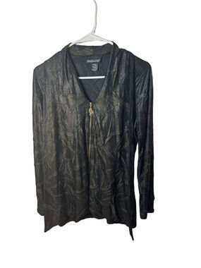 Frank Lyman Design Black with Gold Metallic Accent Zip-Front Top size 8